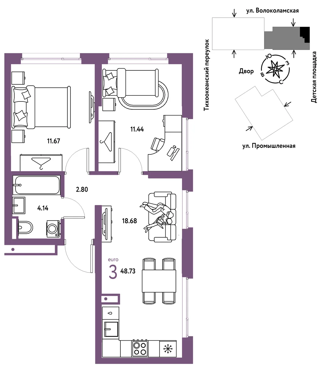 Планировка 3-комн. квартира, 48.73 м² ЖК «Страна Прибрежная»