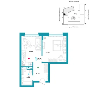 Планировка 1-комн. квартира, 39.95 м² ЖК «Микрорайон Домашний»