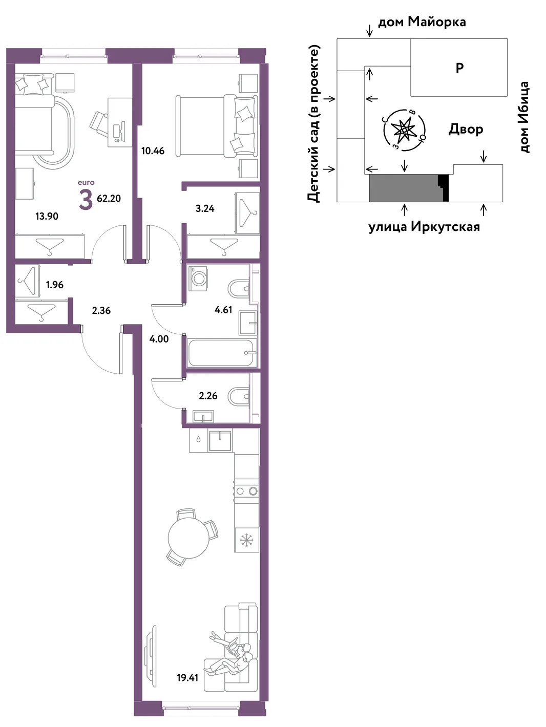 Планировка 3-комн. квартира, 62.2 м² ЖК «Остров-сад»