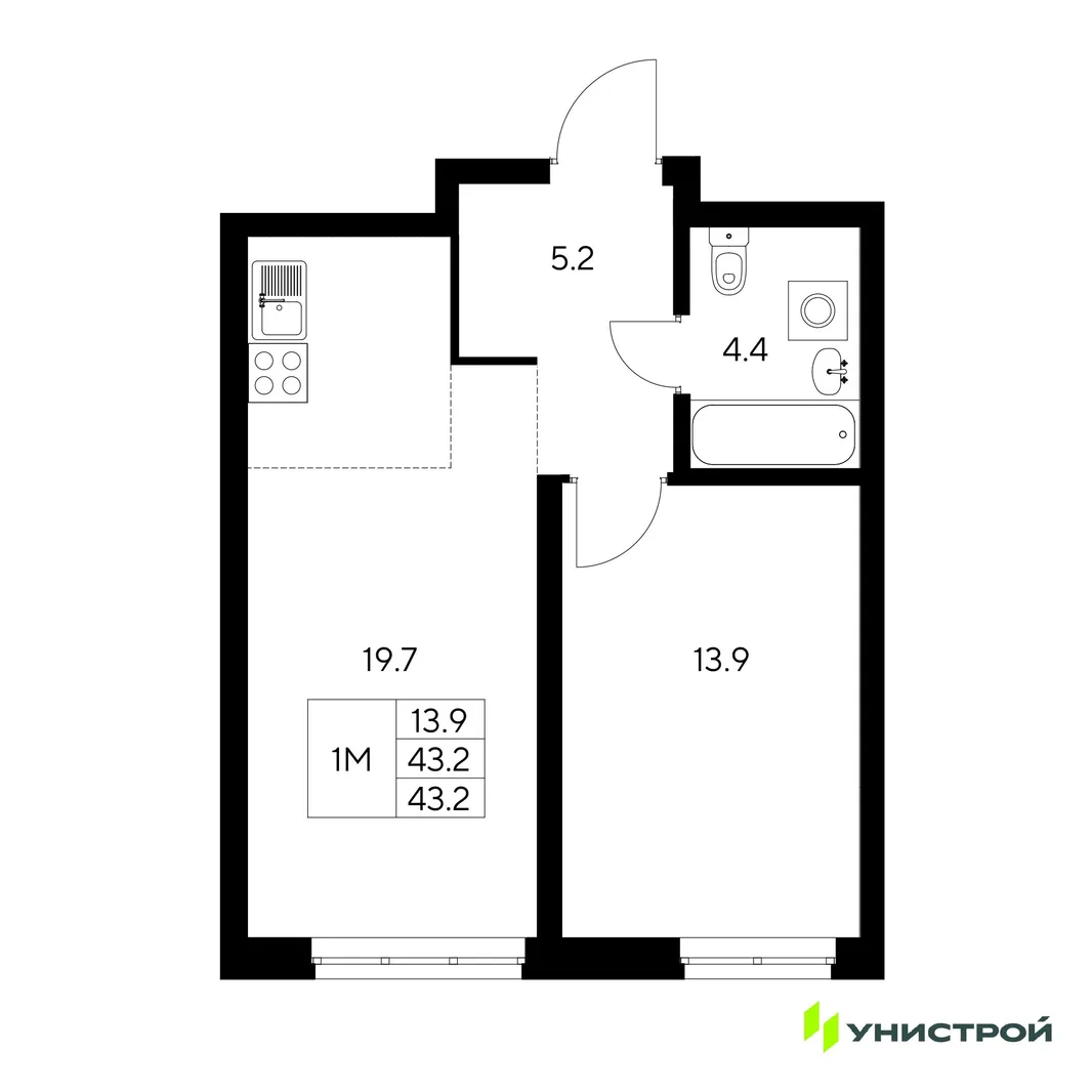 Планировка 1-комн. квартира, 43.2 м² ЖК «Стадиум»