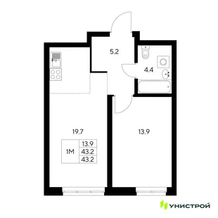 Планировка 1-комн. квартира, 43.2 м² ЖК «Стадиум»