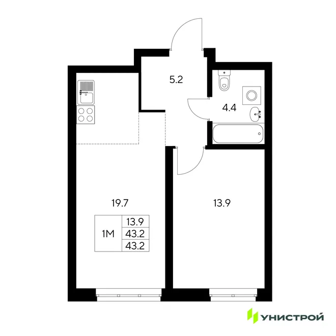 Планировка 1-комн. квартира, 43.2 м² ЖК «Стадиум» Планировка 1-комн. квартира, 43.2 м² ЖК «Стадиум»