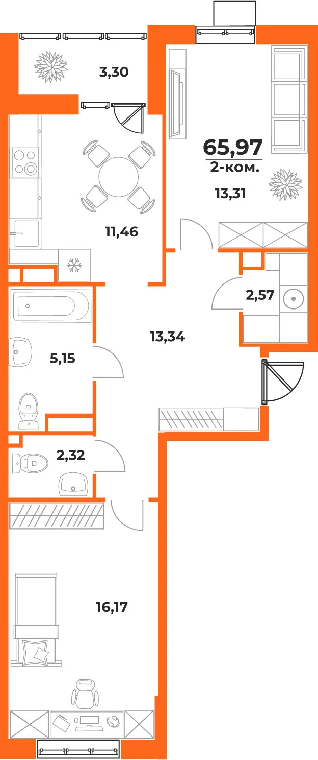 Планировка 2-комн. квартира, 65.97 м² ЖК «Живописный сад» Планировка 2-комн. квартира, 65.97 м² ЖК «Живописный сад»