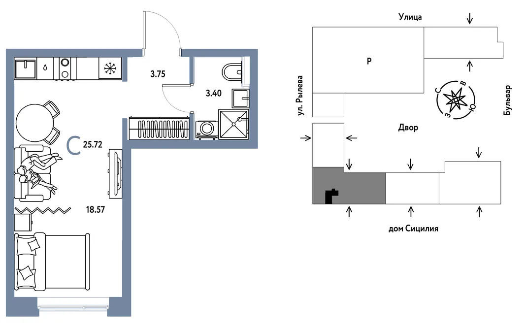 Планировка Студия, 25.72 м² ЖК «Остров-сад»