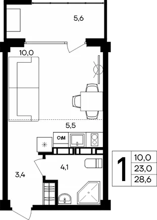 Планировка 1-комн. квартира, 28.6 м² Апарт-комплекс «Альморе»