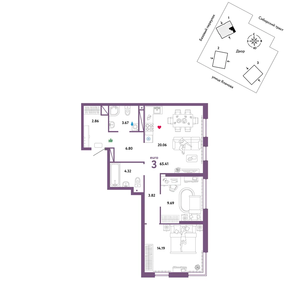 Планировка 3-комн. квартира, 65.41 м² ЖК «Сибирский сад»