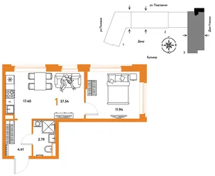 Планировка 1-комн. квартира, 37.62 м² ЖК «Авторский»