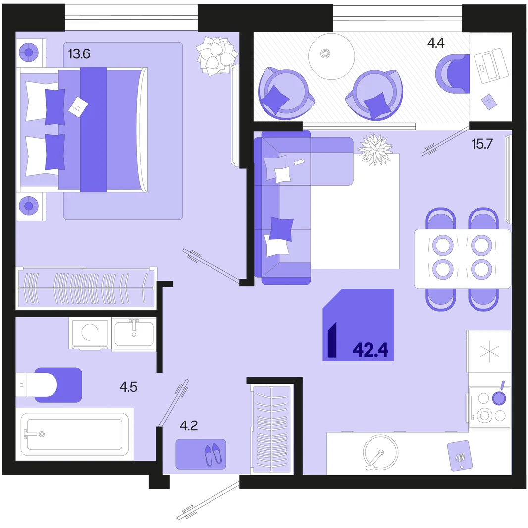 Планировка 1-комн. квартира, 42.4 м² ЖК «Первое место»