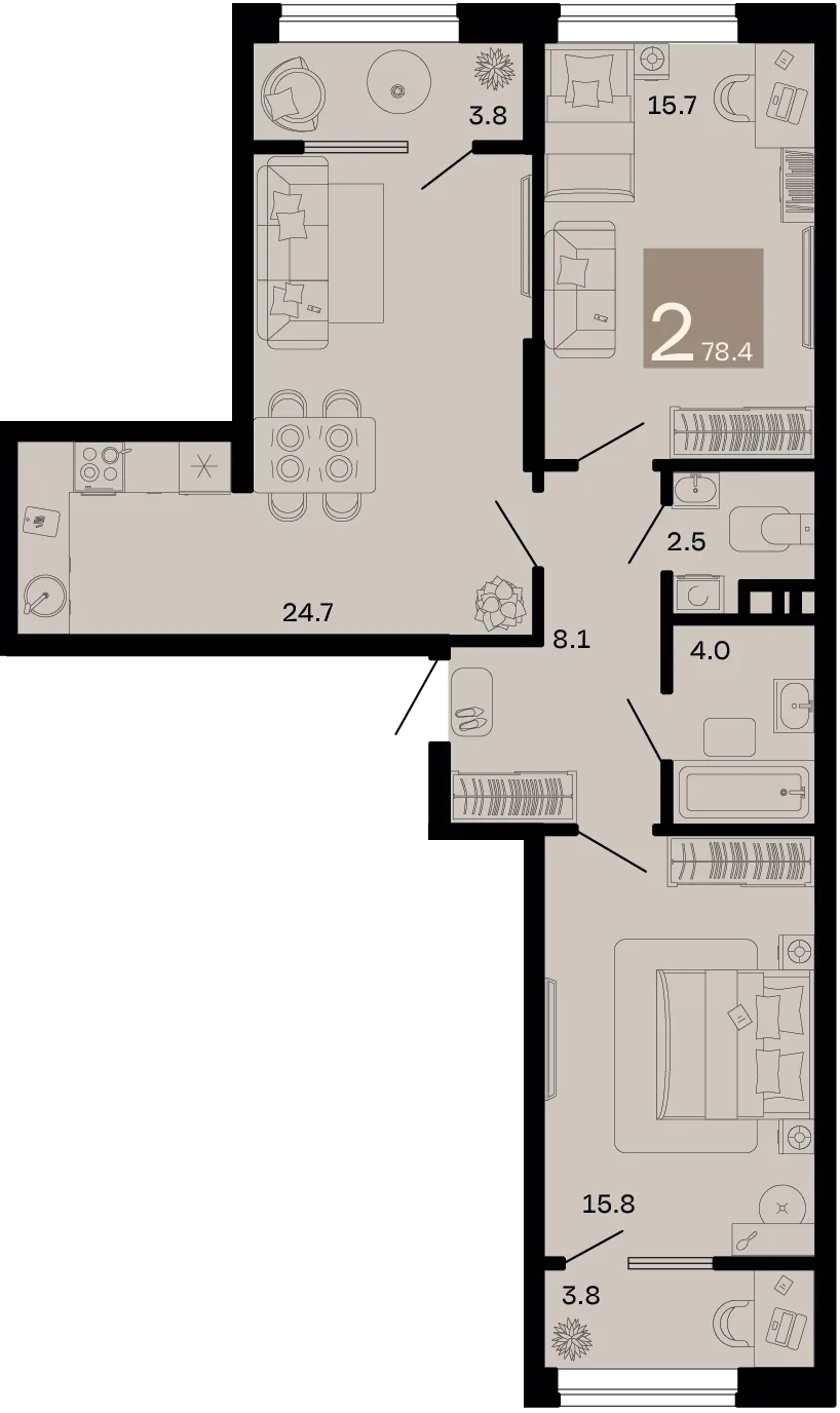 Планировка 2-комн. квартира, 78.4 м² ЖК «Хозяин морей»
