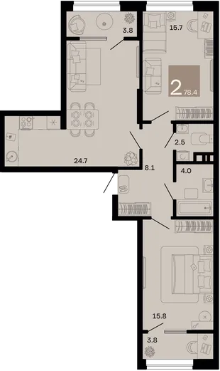Планировка 2-комн. квартира, 78.4 м² ЖК «Хозяин морей»