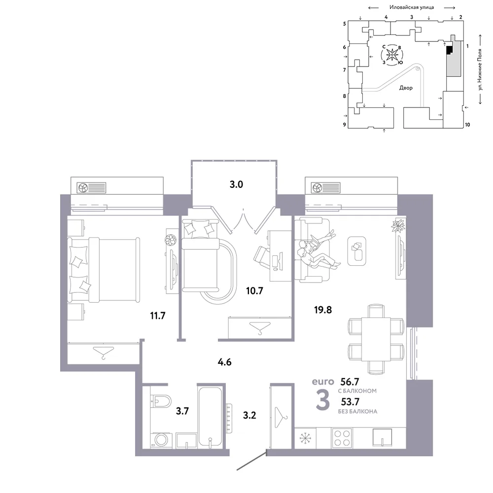 Планировка 3-комн. квартира, 56.7 м² ЖК «Страна.Заречная»