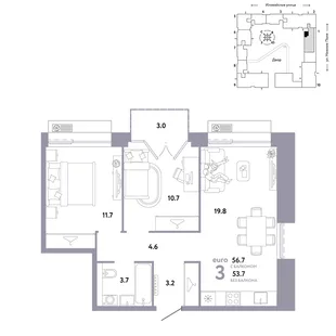 Планировка 3-комн. квартира, 56.7 м² ЖК «Страна.Заречная»
