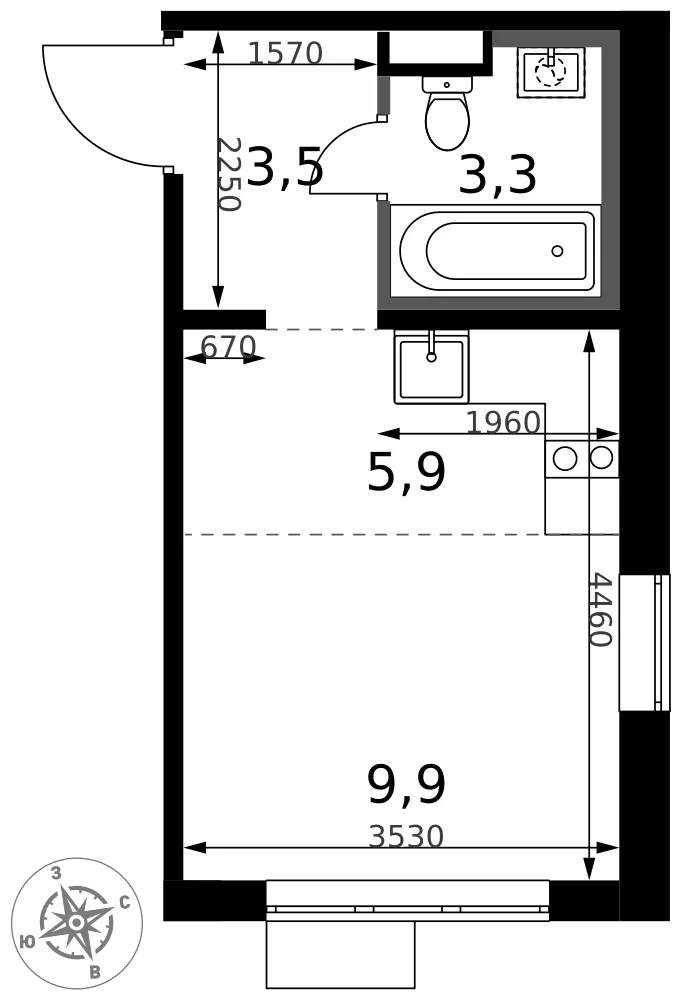 Планировка Студия, 22.6 м² ЖК «1-й Химкинский»
