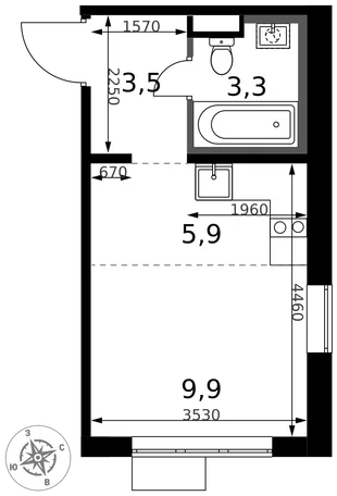 Планировка Студия, 22.6 м² ЖК «1-й Химкинский»