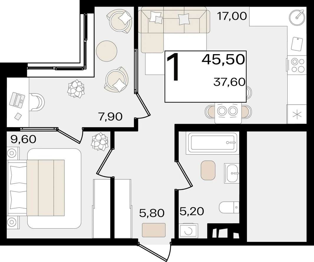 Планировка 1-комн. квартира, 45.5 м² ЖК «Патрики»