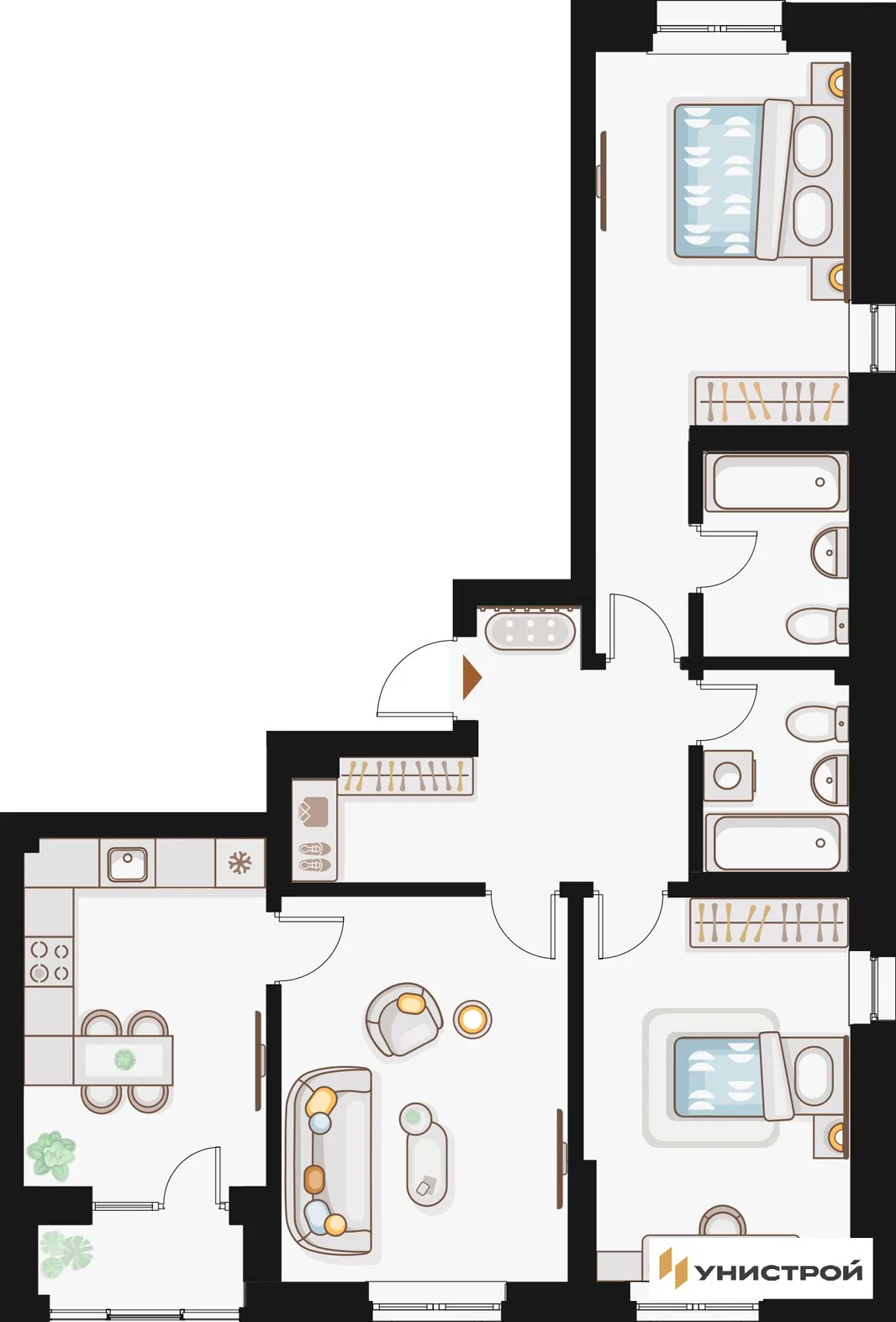 Планировка 3-комн. квартира, 82.24 м² ЖК «Жилой кластер Q на Кулагина»