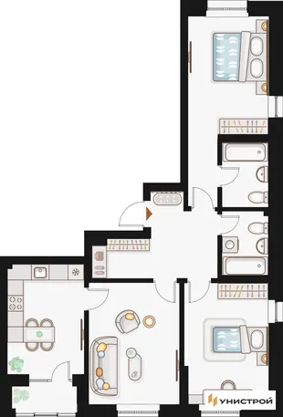 Планировка 3-комн. квартира, 82.24 м² ЖК «Жилой кластер Q на Кулагина»