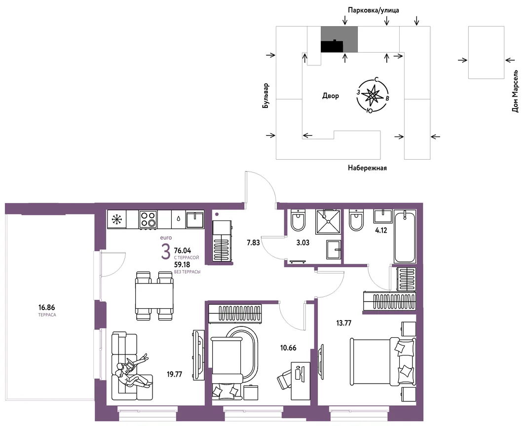 Планировка 3-комн. квартира, 76.04 м² ЖК «Европейский берег 2.0»