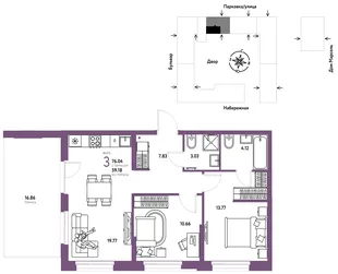 Планировка 3-комн. квартира, 76.04 м² ЖК «Европейский берег 2.0»
