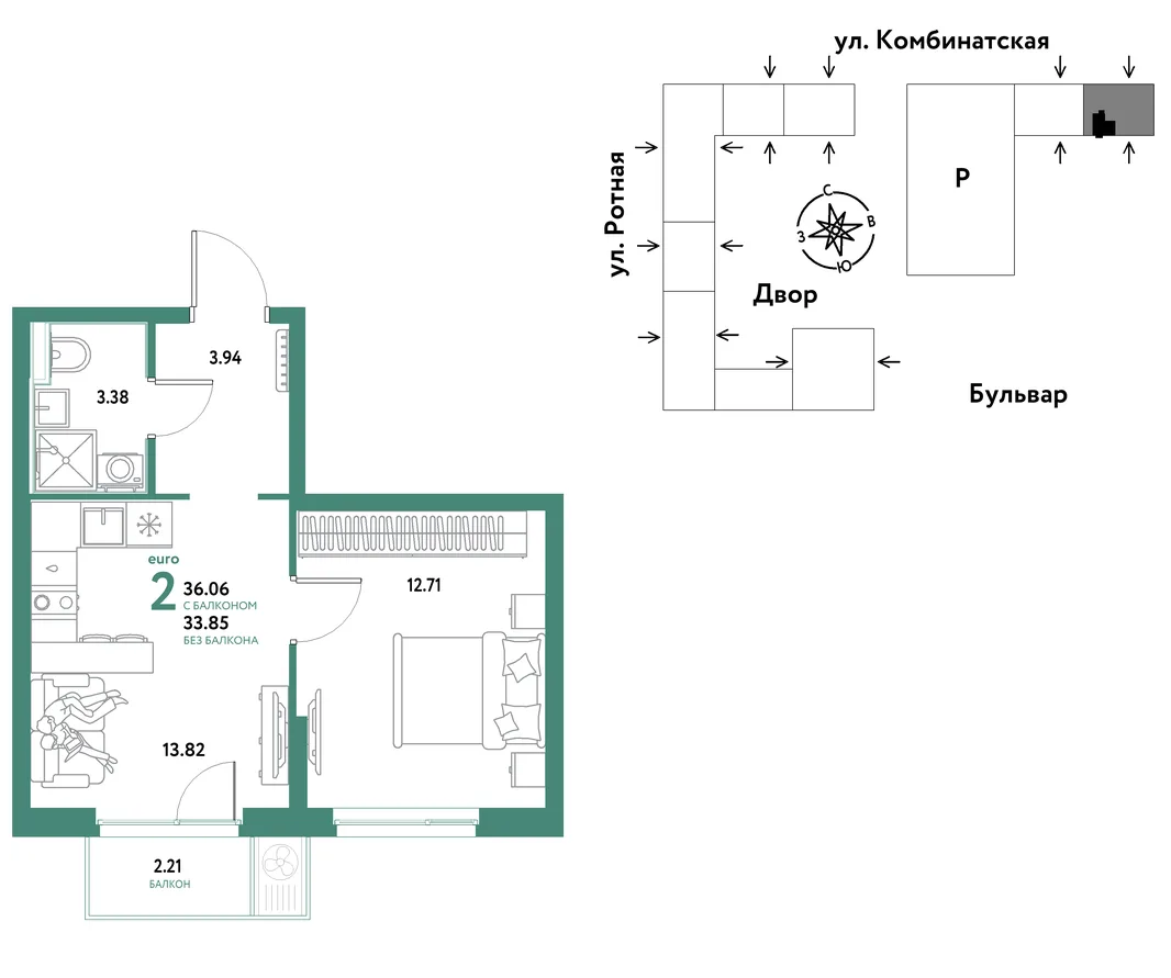 Планировка 2-комн. квартира, 35.86 м² ЖК «Уральский сад»