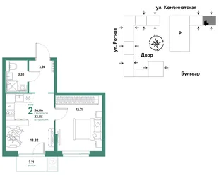 Планировка 2-комн. квартира, 35.86 м² ЖК «Уральский сад»