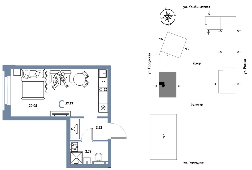 Планировка Студия, 27.37 м² ЖК «Уральский сад»