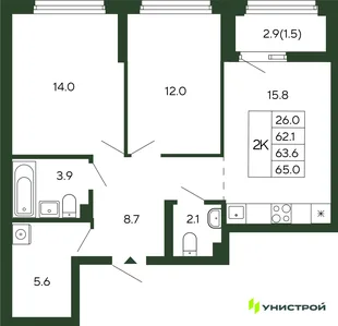 Планировка 2-комн. квартира, 63.6 м² ЖК «Парковый квартал 2.0»