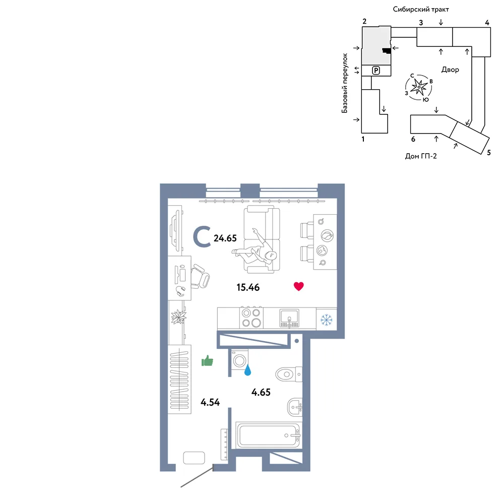 Планировка Студия, 24.65 м² ЖК «Сибирский сад»