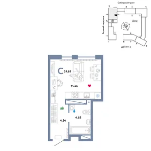 Планировка Студия, 24.65 м² ЖК «Сибирский сад»