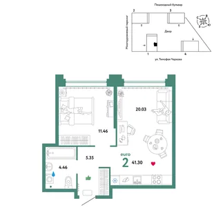 Планировка 2-комн. квартира, 41.3 м² ЖК «Микрорайон Звездный»