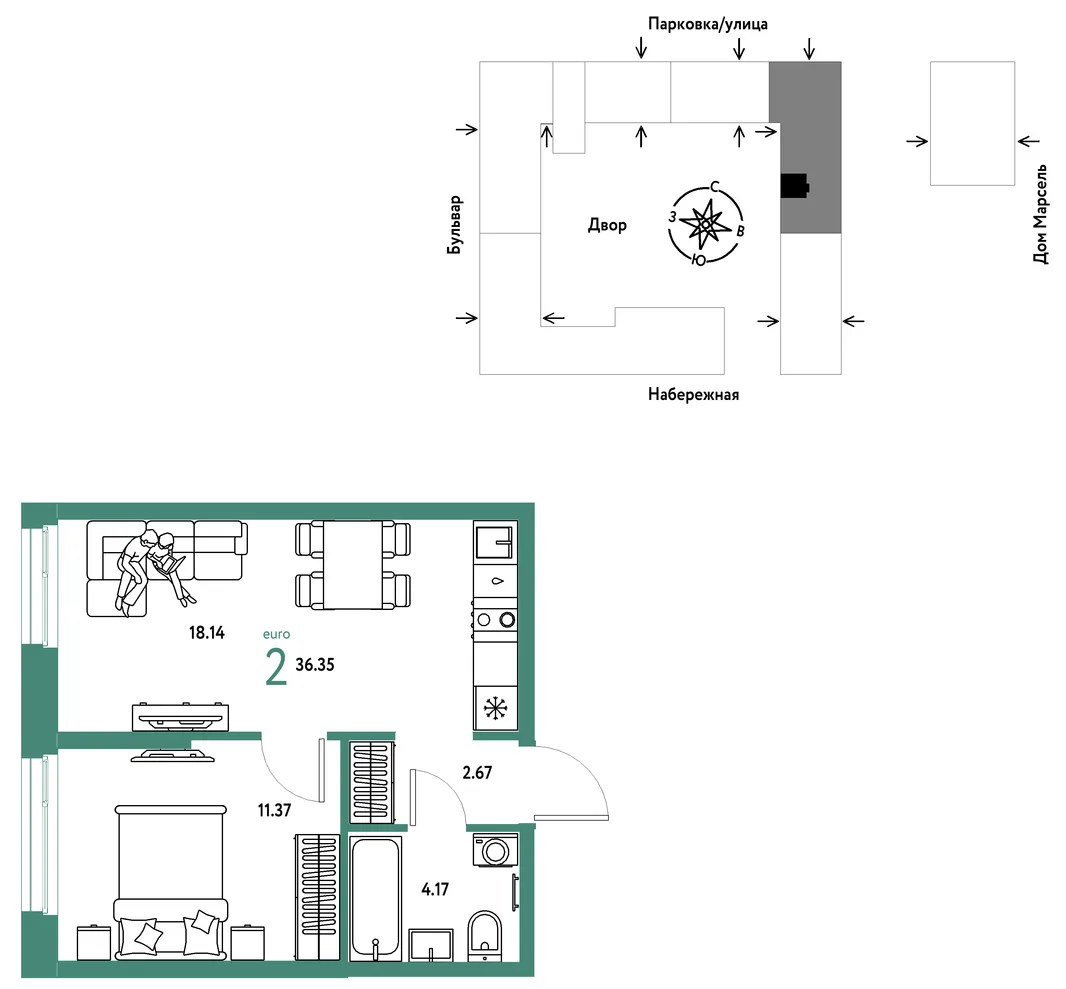 Планировка 2-комн. квартира, 36.35 м² ЖК «Европейский берег 2.0»