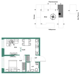Планировка 2-комн. квартира, 36.35 м² ЖК «Европейский берег 2.0»