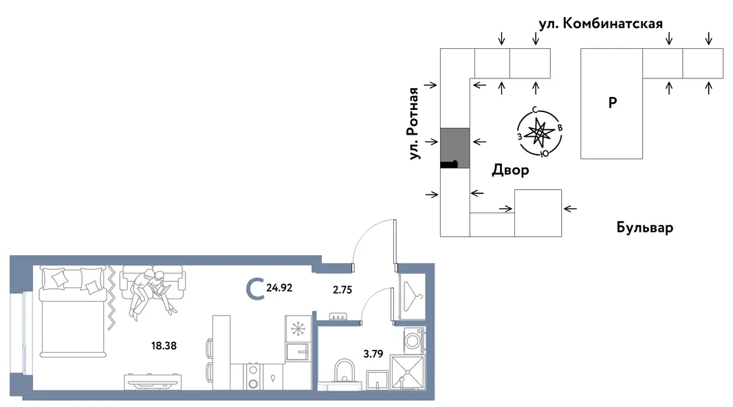 Планировка Студия, 24.81 м² ЖК «Уральский сад»