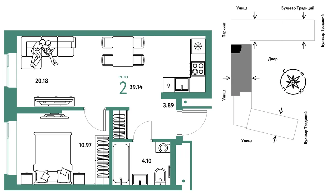 Планировка 2-комн. квартира, 39.14 м² ЖК «Микрорайон Домашний»