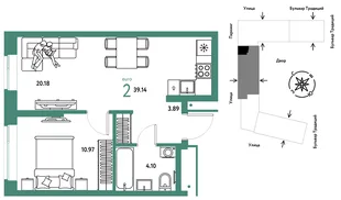 Планировка 2-комн. квартира, 39.14 м² ЖК «Микрорайон Домашний»