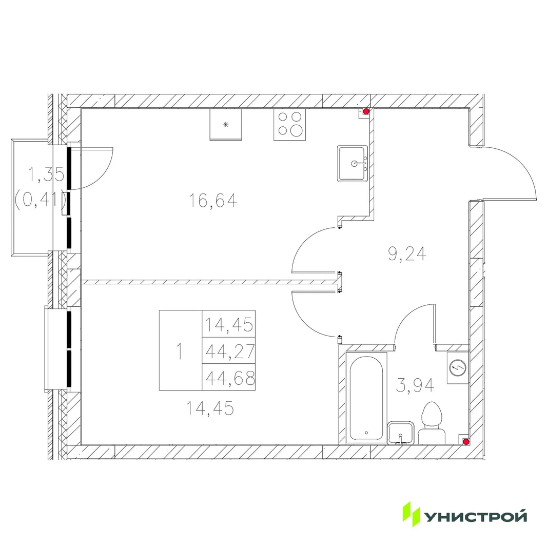 Планировка 1-комн. квартира, 44.68 м² ЖК «Statum»