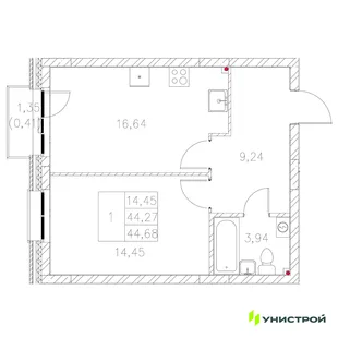 Планировка 1-комн. квартира, 44.68 м² ЖК «Statum»