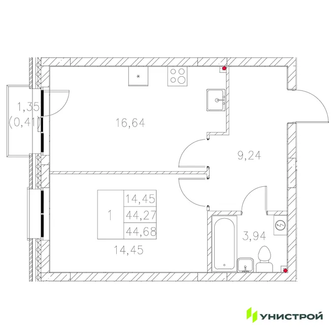 Планировка 1-комн. квартира, 44.68 м² ЖК «Statum» Планировка 1-комн. квартира, 44.68 м² ЖК «Statum»
