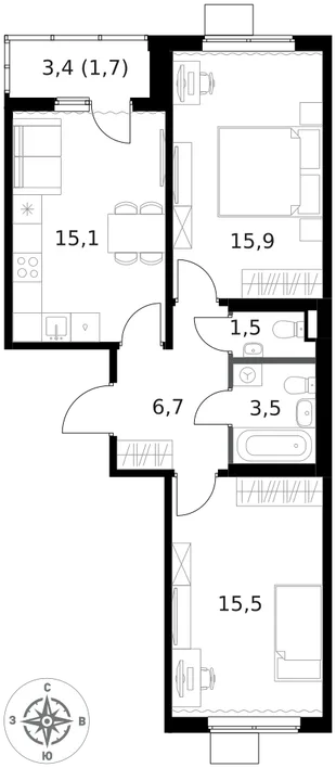 Квартира 2-комн. квартира, 59.9 м² ЖК «1-й Ясеневский» Фото 1 Квартира 2-комн. квартира, 59.9 м² ЖК «1-й Ясеневский» Фото 1