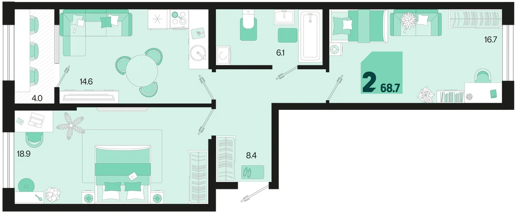 Планировка 2-комн. квартира, 68.7 м² ЖК «Первое место»
