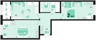 Планировка 2-комн. квартира, 68.7 м² ЖК «Первое место»