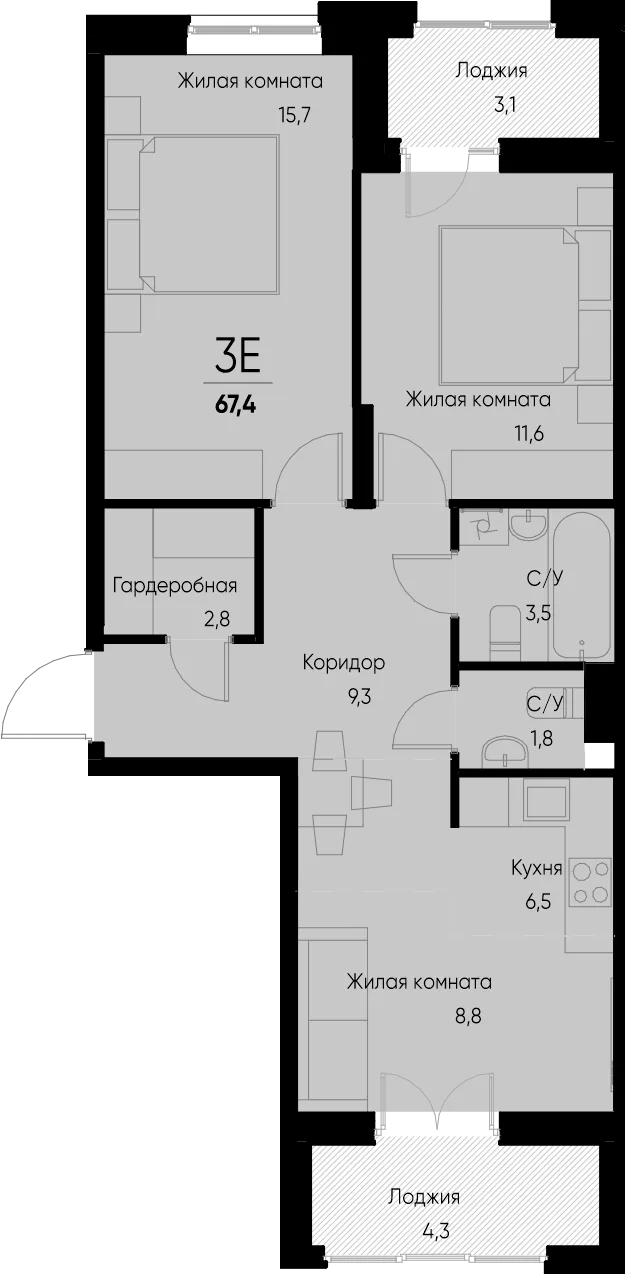 Планировка 3-комн. квартира, 67.4 м² ЖК «Васильевский остров»