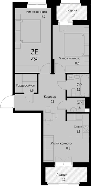 Планировка 3-комн. квартира, 67.4 м² ЖК «Васильевский остров»