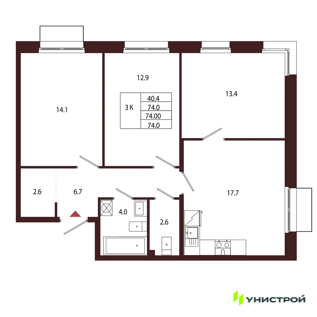 Планировка 3-комн. квартира, 74 м² ЖК «Лисино»