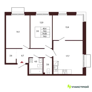 Планировка 3-комн. квартира, 74 м² ЖК «Лисино»