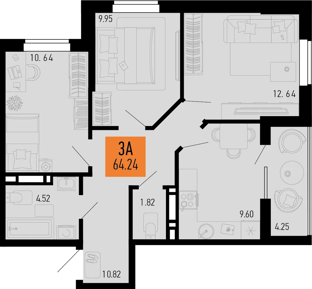 Планировка 3-комн. квартира, 64.24 м² ЖК «Столицыно»