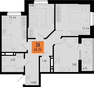 Планировка 3-комн. квартира, 64.24 м² ЖК «Столицыно»