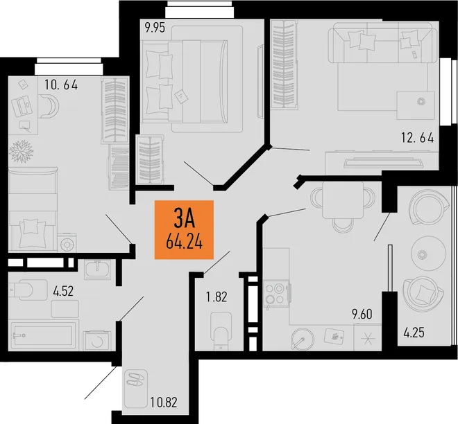 Планировка 3-комн. квартира, 64.24 м² ЖК «Столицыно» Планировка 3-комн. квартира, 64.24 м² ЖК «Столицыно»