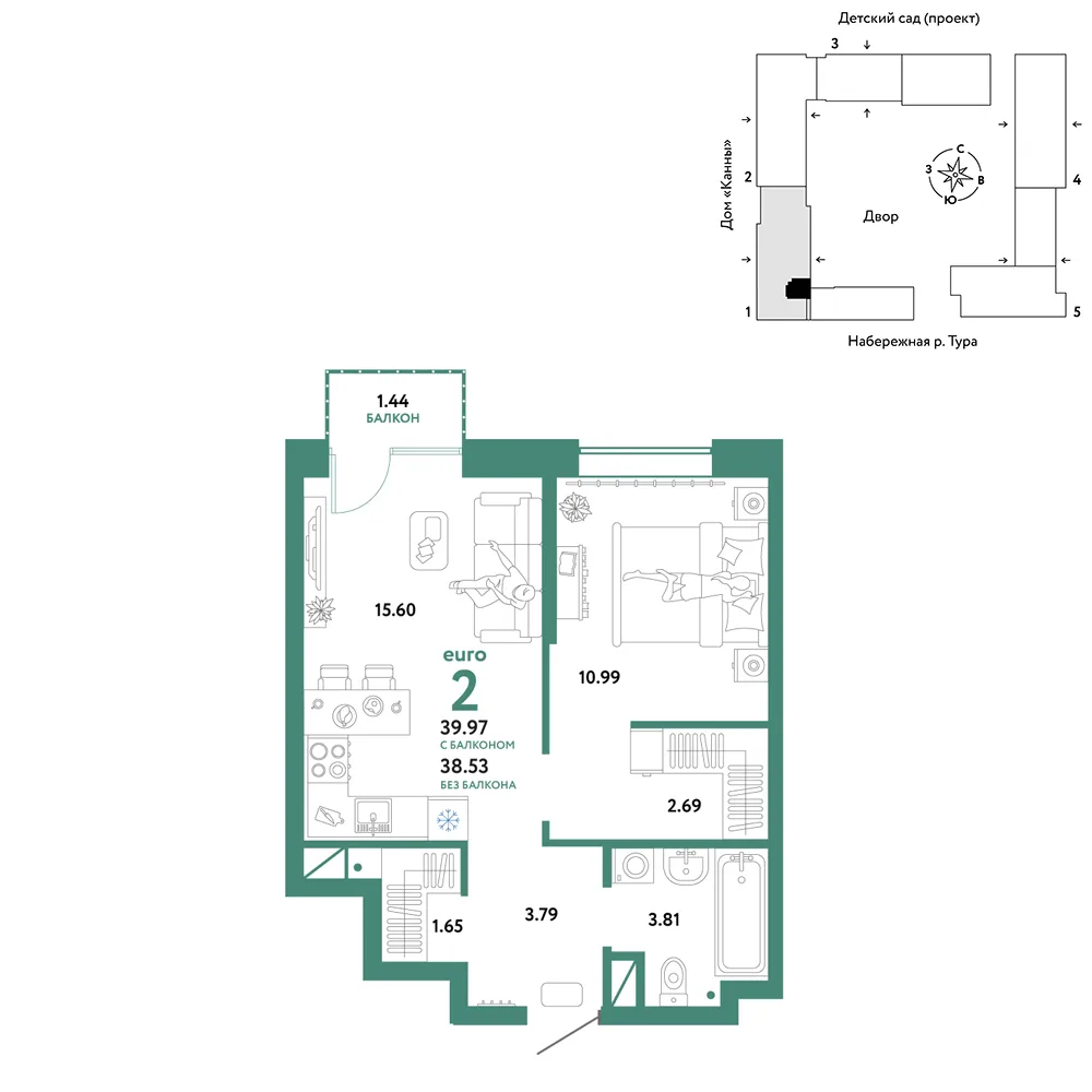 Планировка 2-комн. квартира, 39.97 м² ЖК «Европейский берег 2.0»