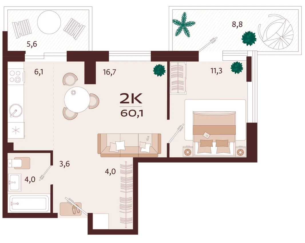 Планировка 2-комн. квартира, 60.1 м² ЖК «Роялта»
